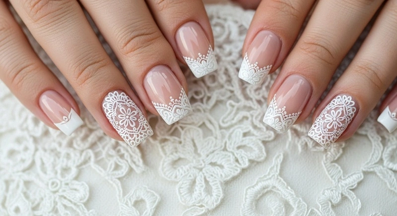 French Wedding Nails with Lace Art