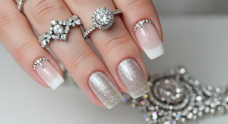 Bridal Manicure, Glitter Accents and Rhinestone