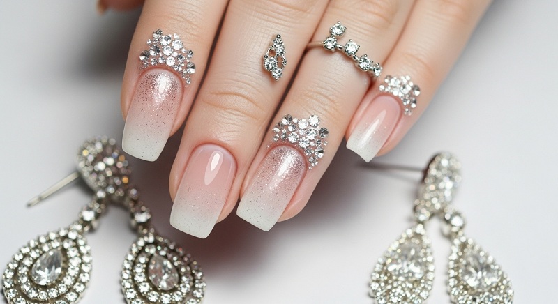 French Tip Nails, Ombre French Nails with Glitter
