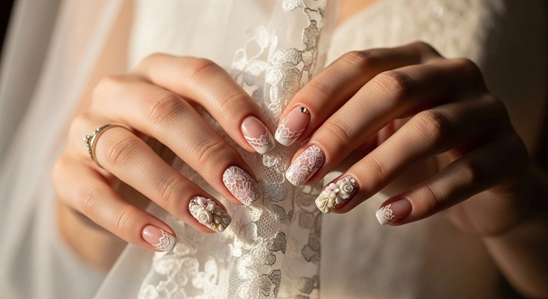 Bridal Nails 2025 – Elegant Wedding Nail Designs, Shapes & Tips 3D lace-inspired bridal nail art 2025.