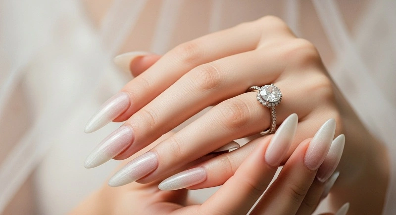 Bridal Nails 2025 – Elegant Wedding Nail Designs, Shapes & Tips Glass and velvet bridal nails 2025.