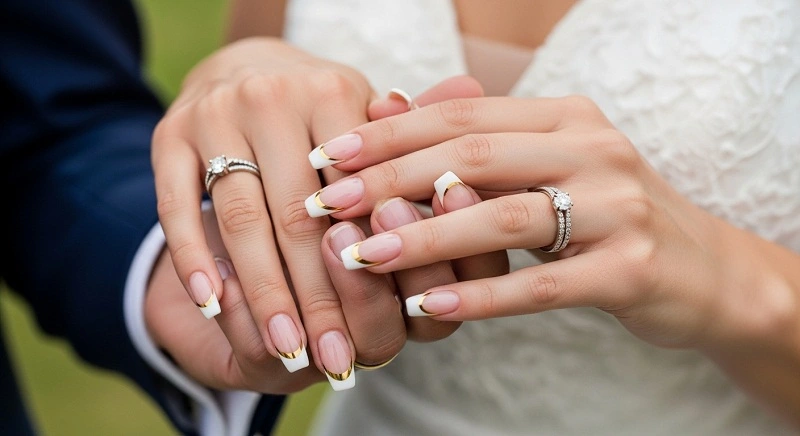 Bridal Nails 2025 – Elegant Wedding Nail Designs, Shapes & Tips Modern French tip bridal nails with chrome design.