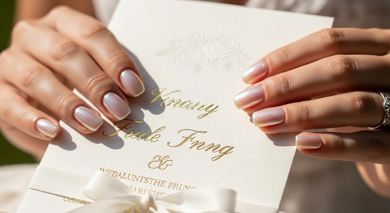 Bridal Nails 2025 – Elegant Wedding Nail Designs, Shapes & Tips Pearl iridescent bridal nails inspiration.
