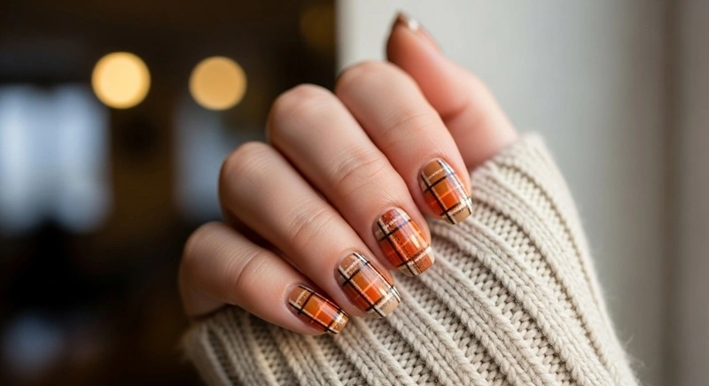 Fall Plaid Nails , October Nails